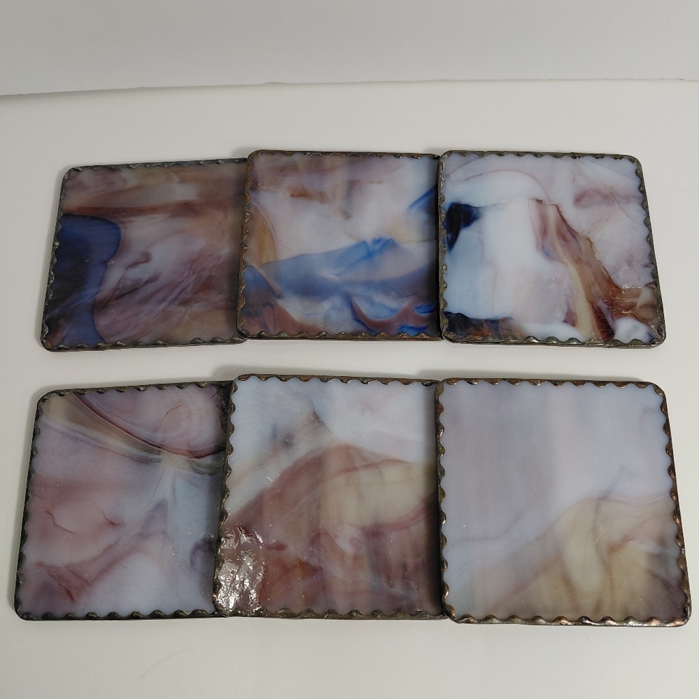 Set of Six Purple/Mauve Marble Pattern Stainglass Coasters With Cork Backs.